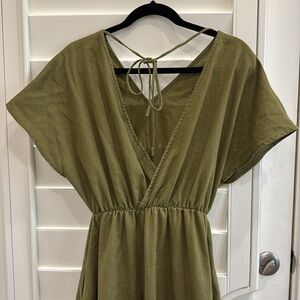 Tacto CDMX Olive Green Linen V-Neck Women's Dress Sz M
